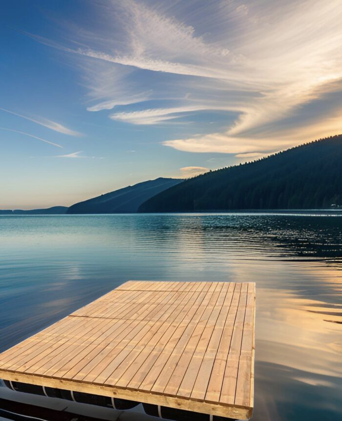 wooden floating deck, raft, pontoon